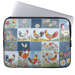 Housse Pour Ordinateur Portable Poulets Floral Retro Denim Patchwork Carrés