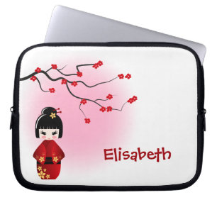 Housse Pour Ordinateur Portable Poupée kokeshi japonaise aux fleurs de sakura