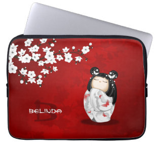 Housse Pour Ordinateur Portable Poupée Kokeshi Rouge noir blanc cerisier