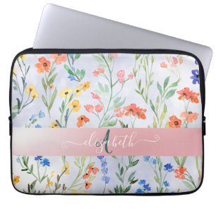 Housse Pour Ordinateur Portable Prairie fleurie printanière colorée avec monogramm