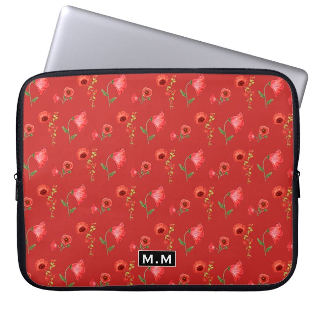 Housse Pour Ordinateur Portable Pretty Red Poppies Pattern Monogram (Devant)