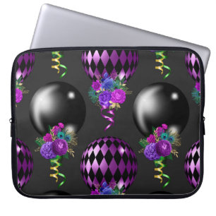 HOUSSE POUR ORDINATEUR PORTABLE PURPLE & BLACK MARDI GRAS BALLONS & BOUQUETS
