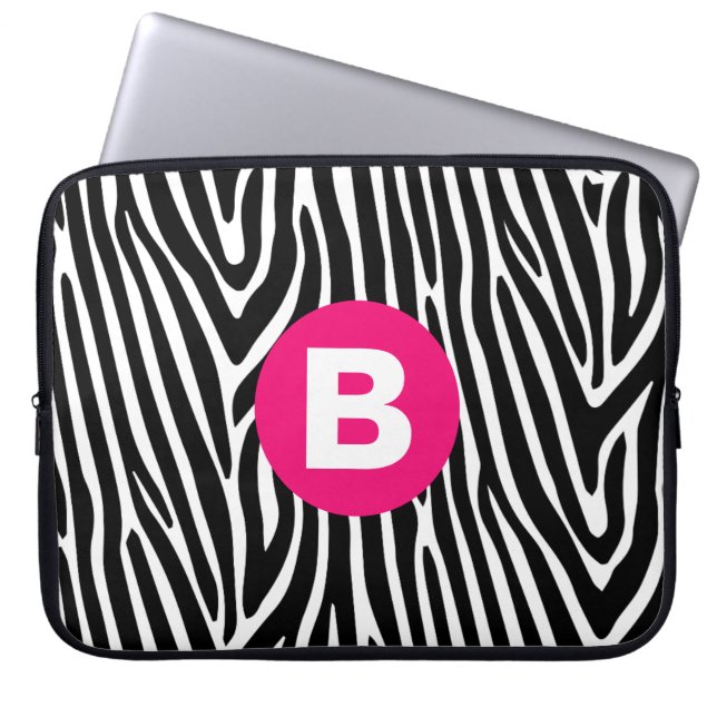 Housse Pour Ordinateur Portable Rayures Classiques de Zèbre Monogramme Rose Clair (Devant)
