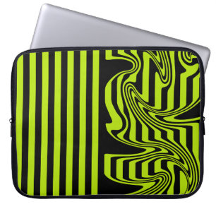Housse Pour Ordinateur Portable Rayures et Tourbillons - Vert Citron et Noir