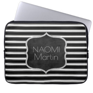 Housse Pour Ordinateur Portable Rayures noires du monogramme et blanches chics
