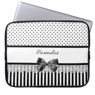 Housse Pour Ordinateur Portable Rayures victoriennes noires et blanches Girly avec