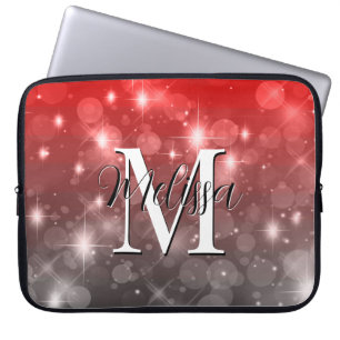 Housse Pour Ordinateur Portable Red & Grey Bokeh Moderne Monogramme Étincelle