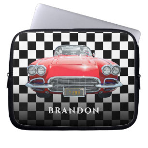 Housse Pour Ordinateur Portable Red Sport's Car, White Name, B/W À damiers