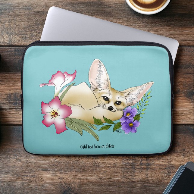Housse Pour Ordinateur Portable Renard Fennec Fleurs Roses Violettes Mignon Bleu B (Créateur téléchargé)