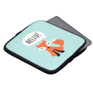 Housse Pour Ordinateur Portable Renard mignon indiquant le bonjour, fond bleu