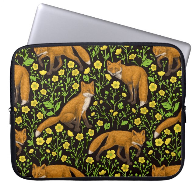 Housse Pour Ordinateur Portable Renards et papillons sur le noir (Devant)