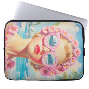 Housse Pour Ordinateur Portable Retro Beach Girl avec lunettes de soleil florales