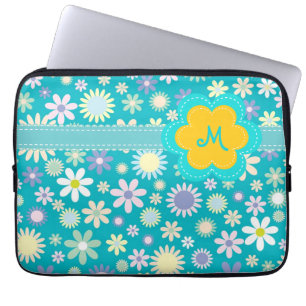 Housse Pour Ordinateur Portable Rétro monogramme bleu de flower power