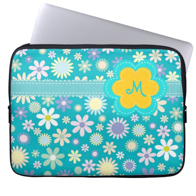 Housse Pour Ordinateur Portable Rétro monogramme bleu de flower power (Devant)