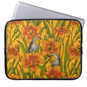 Housse Pour Ordinateur Portable Robins et fleurs de lys, orange et vert