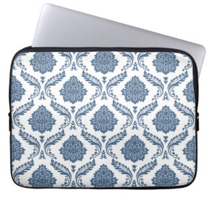 Housse Pour Ordinateur Portable Rococo Damassé Grand Motif Bleu sur Blanc