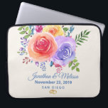 Housse Pour Ordinateur Portable Rose coloré aquarelle Mariage floral<br><div class="desc">Une pochette pour ordinateur portable avec un bouquet floral fantaisiste avec des roses aquarelles. Elégant, fantaisiste et créatif. Un ensemble de roses en rose, violet et jaune. Avec beaucoup de sprigs et feuilles en vert, rose, violet et bleu. L'Arrière - plan est de couleur champagne blanc cassé. 2 anneaux mariages...</div>