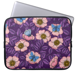 Housse Pour Ordinateur Portable Rose de chien et papillons en rose et violet