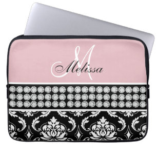 Housse Pour Ordinateur Portable Rose de diamants imprimé par damassé noire décorée