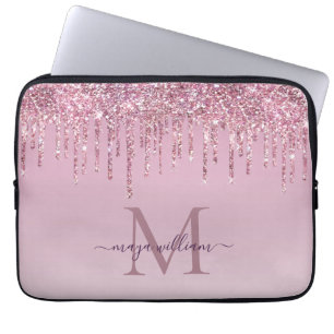 Housse Pour Ordinateur Portable Rose Glitter Drips Personalized Monogram And Name