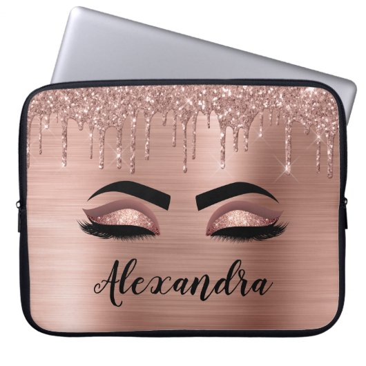 Housse Pour Ordinateur Portable Rose Gold Glitter Sparkle Eyelashes Monogram (Devant)