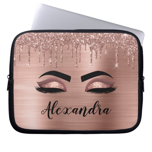 Housse Pour Ordinateur Portable Rose Gold Glitter Sparkle Eyelashes Monogram (Devant)