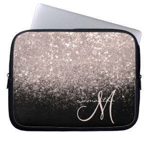 Housse Pour Ordinateur Portable Rose Gold Pailleté et Monogramme Noir Élégant