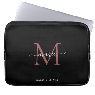 Housse Pour Ordinateur Portable Rose noir moderne Monogramme Nom du script Initial
