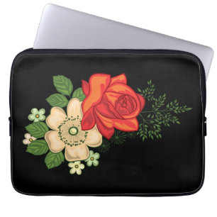 Housse Pour Ordinateur Portable Rose rouge et pâquerettes Fond noir