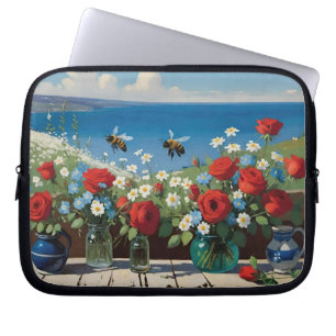 Housse Pour Ordinateur Portable Roses et abeilles avec vue sur l'océan