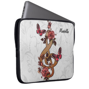 Housse Pour Ordinateur Portable Roses et papillons de note de musique