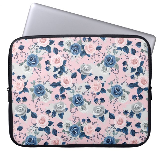 Housse Pour Ordinateur Portable Roses roses, bleus et gris (Devant)
