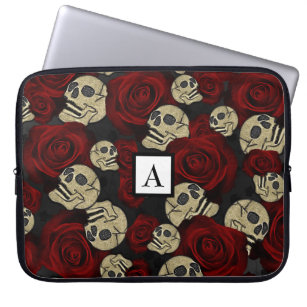 Housse Pour Ordinateur Portable Roses rouges et crânes gris noir floral gothique