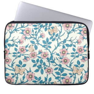 Housse Pour Ordinateur Portable Roses sauvages et papillons /rose/bleu/blanc cassé
