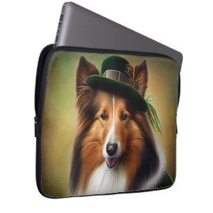 Housse Pour Ordinateur Portable Rough Collie Chien dans la tenue de la Saint Patri