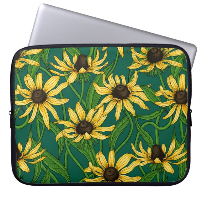 Housse Pour Ordinateur Portable Rudbekia jaune sur vert foncé (Devant)