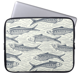 Housse Pour Ordinateur Portable Sardines en mouvement en bleu marine et ivoire