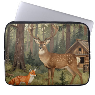 Housse Pour Ordinateur Portable Scène de cabane forestière avec cerf et renard