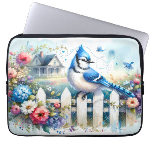 Housse Pour Ordinateur Portable Scène de clôture de jardin de cottage Blue Jay