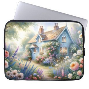 Housse Pour Ordinateur Portable Scène florale de maison bleue de jardin de campagn