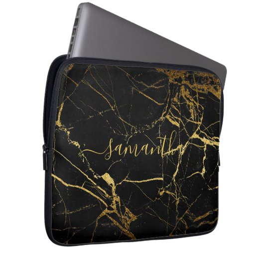 Housse Pour Ordinateur Portable Script en marbre noir or (Devant droit)
