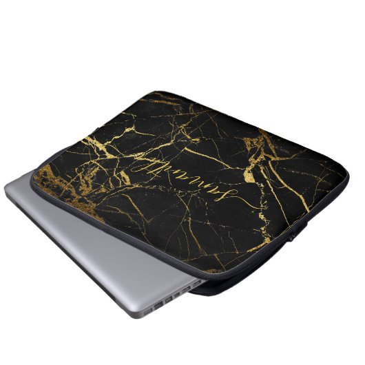 Housse Pour Ordinateur Portable Script en marbre noir or (Devant bas)