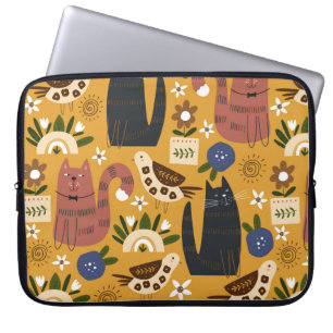 Housse Pour Ordinateur Portable Seamless pattern with cute cats and bird. hand dra