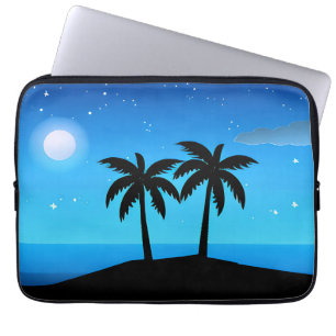 Housse Pour Ordinateur Portable Silhouette de l'île tropicale avec lune et étoiles