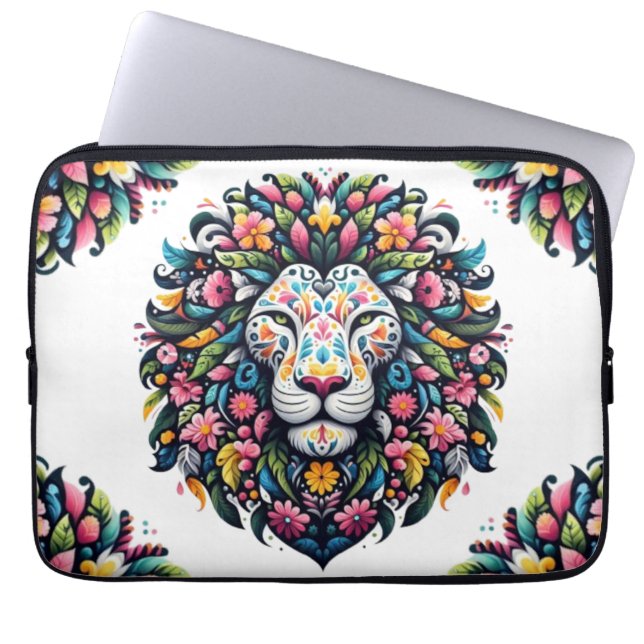 Housse Pour Ordinateur Portable Silhouette de Lion Floral (Devant)