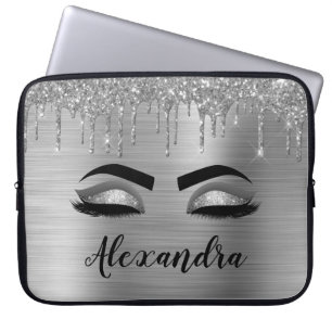 Housse Pour Ordinateur Portable Silver Glitter Sparkle Eyelashes Monogram