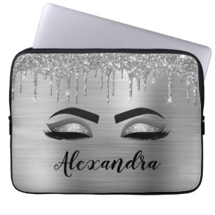 Housse Pour Ordinateur Portable Silver Glitter Sparkle Eyelashes Monogram