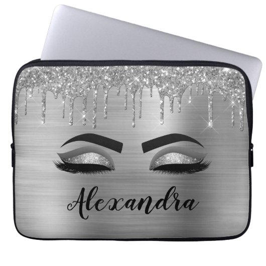 Housse Pour Ordinateur Portable Silver Glitter Sparkle Eyelashes Monogram (Devant)