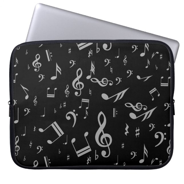 Housse Pour Ordinateur Portable Silver Grey Notes musicales sur Black (Devant)
