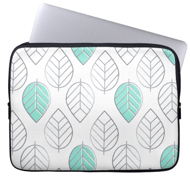 Housse Pour Ordinateur Portable Silver & Turquoise Design chic & moderne feuille (Devant)